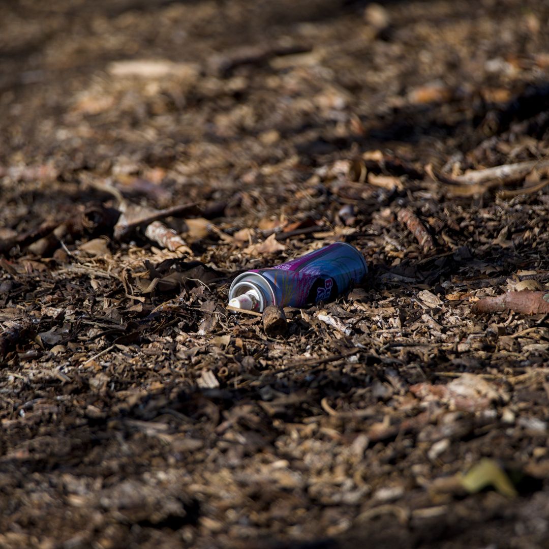 A small spray paint can lies dented amongst the brown leaves and dirt.

#HumansOfEarth #Photography #WheelchairPhotography #HumanImpact
