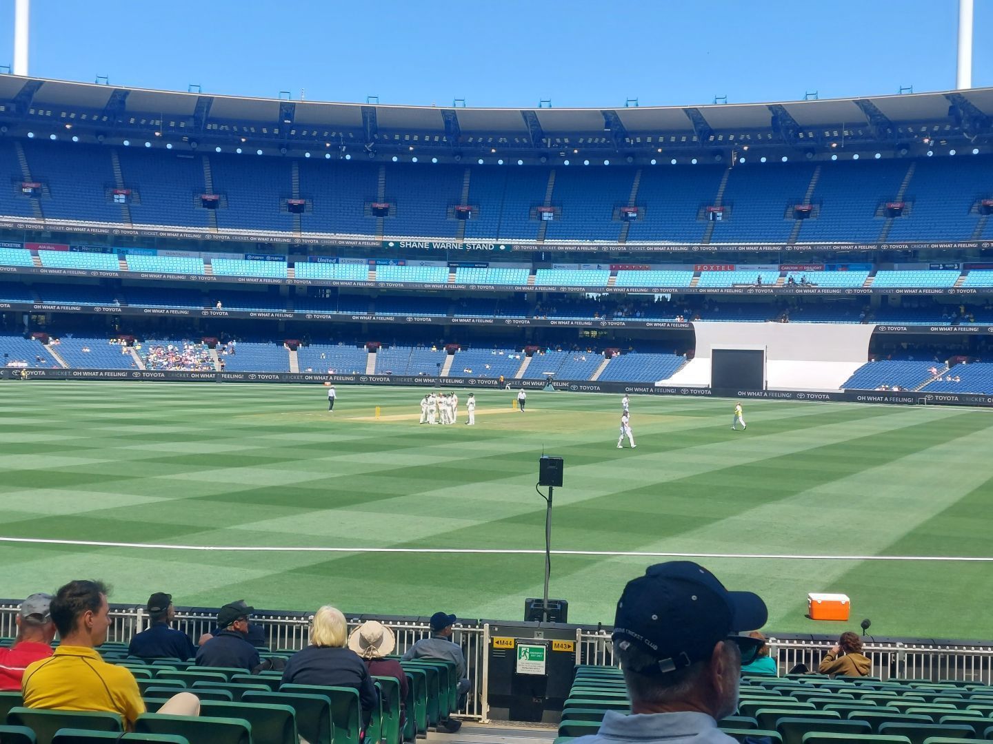The Women's Ashes Test match between Australia and England, played at the Melbourne Cricket Ground. The Australian fielders are celebrating after Beth Mooney caught Maia Bouchier in the slips off a delivery by Kim Garth in the first over.