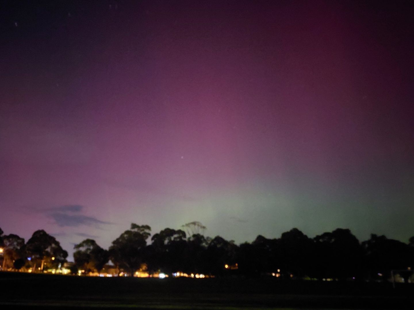 A photograph taken at night, showing an aurora in the sky above dark trees and lights from the street. The colours of the sky run from dark red to pink from top to bottom, with a light green patch directly above the trees. A single cloud hovers just above the trees on the left