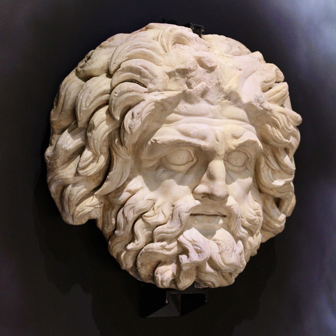 Marble sculpture of the head of the ancient Roman god Jupiter.