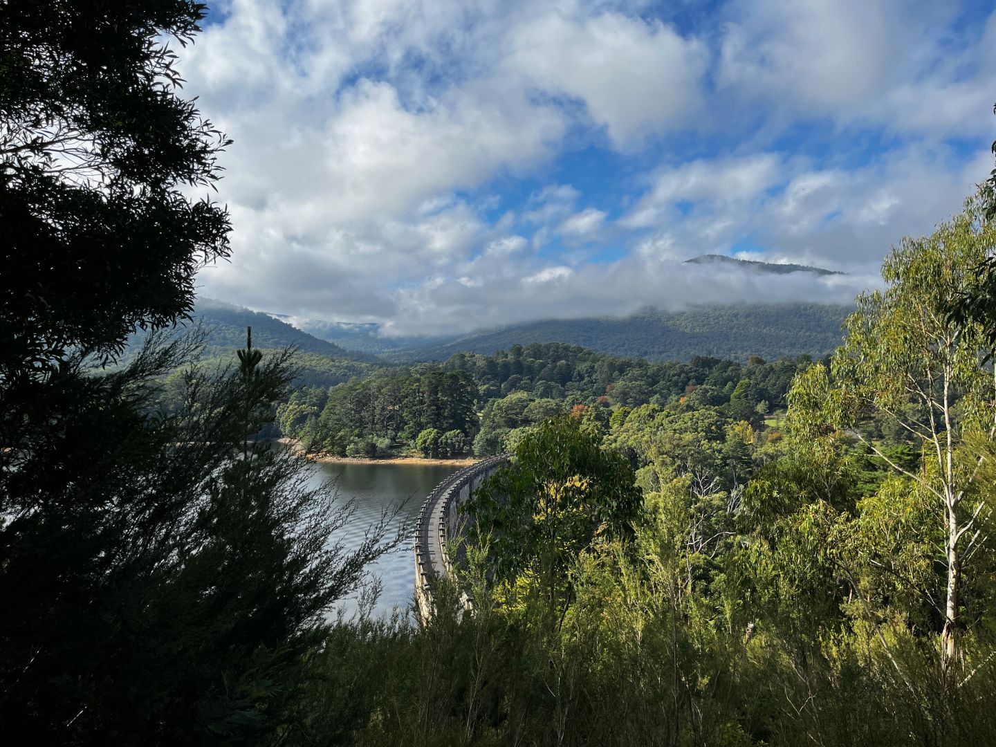 Looking down on the the Maroondah Reservoir dam wall from an elevated bush track. It's a sunny day. The dam wall curves into the distance with the reservoir on the left. In the background, wooded hills are obscured by low white clouds.