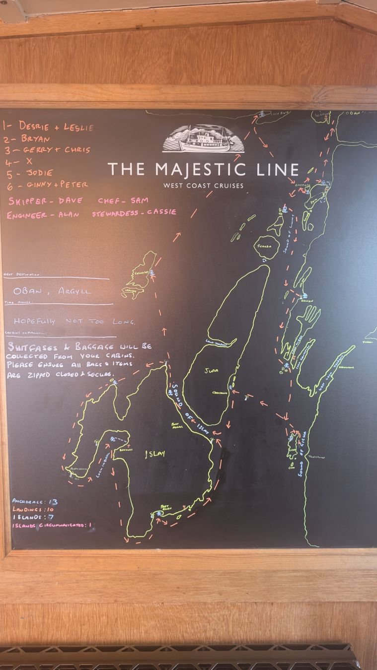 The map of the cruise around the Southern Hebrides. There is no set itinerary, we were taken to the different places depending on the sea swell and the captain"s ideas. Each day the board was updated with where we'd come from and where we were going.