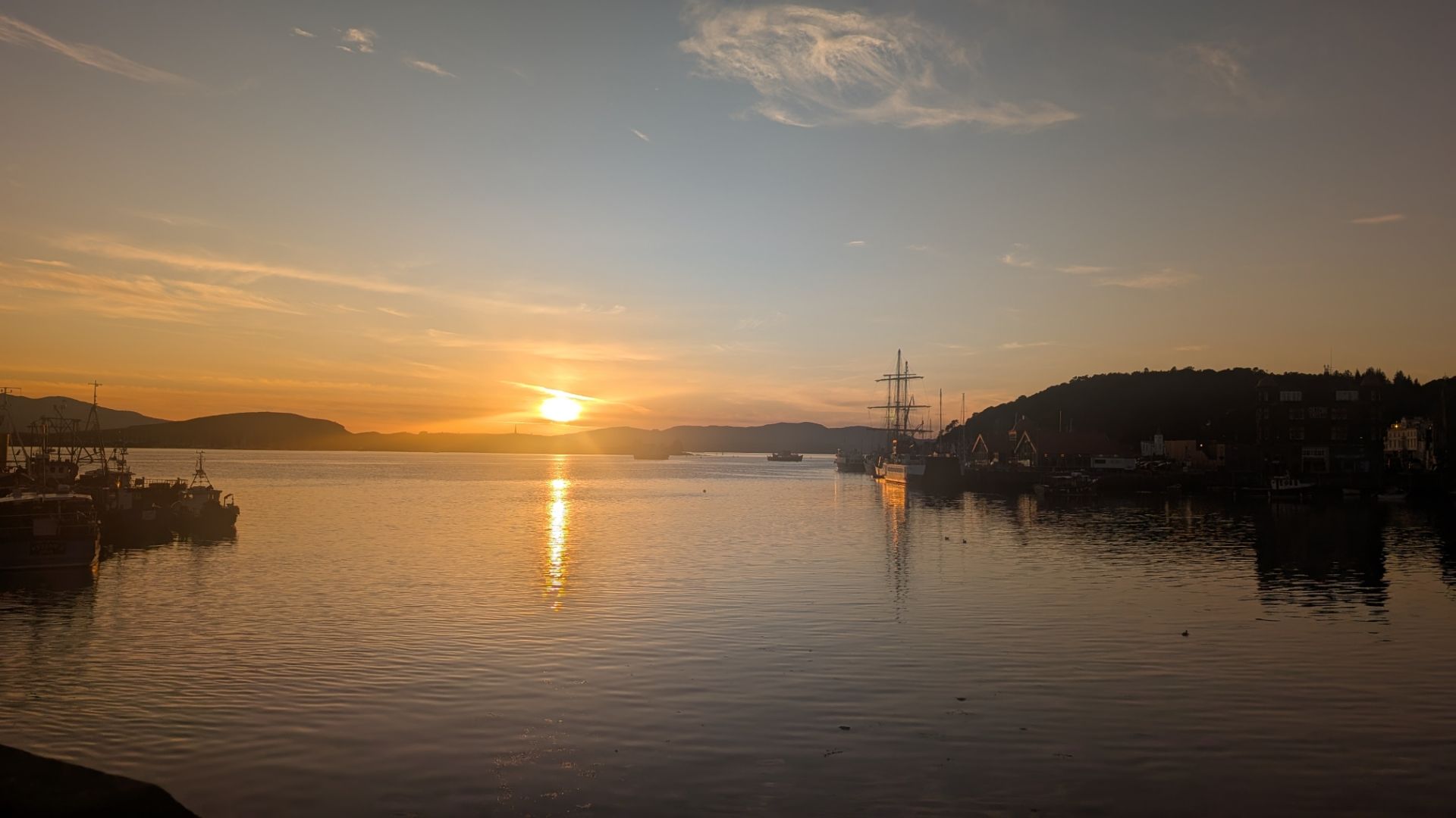 Sunset across Oban Harbour, after 9.30pm