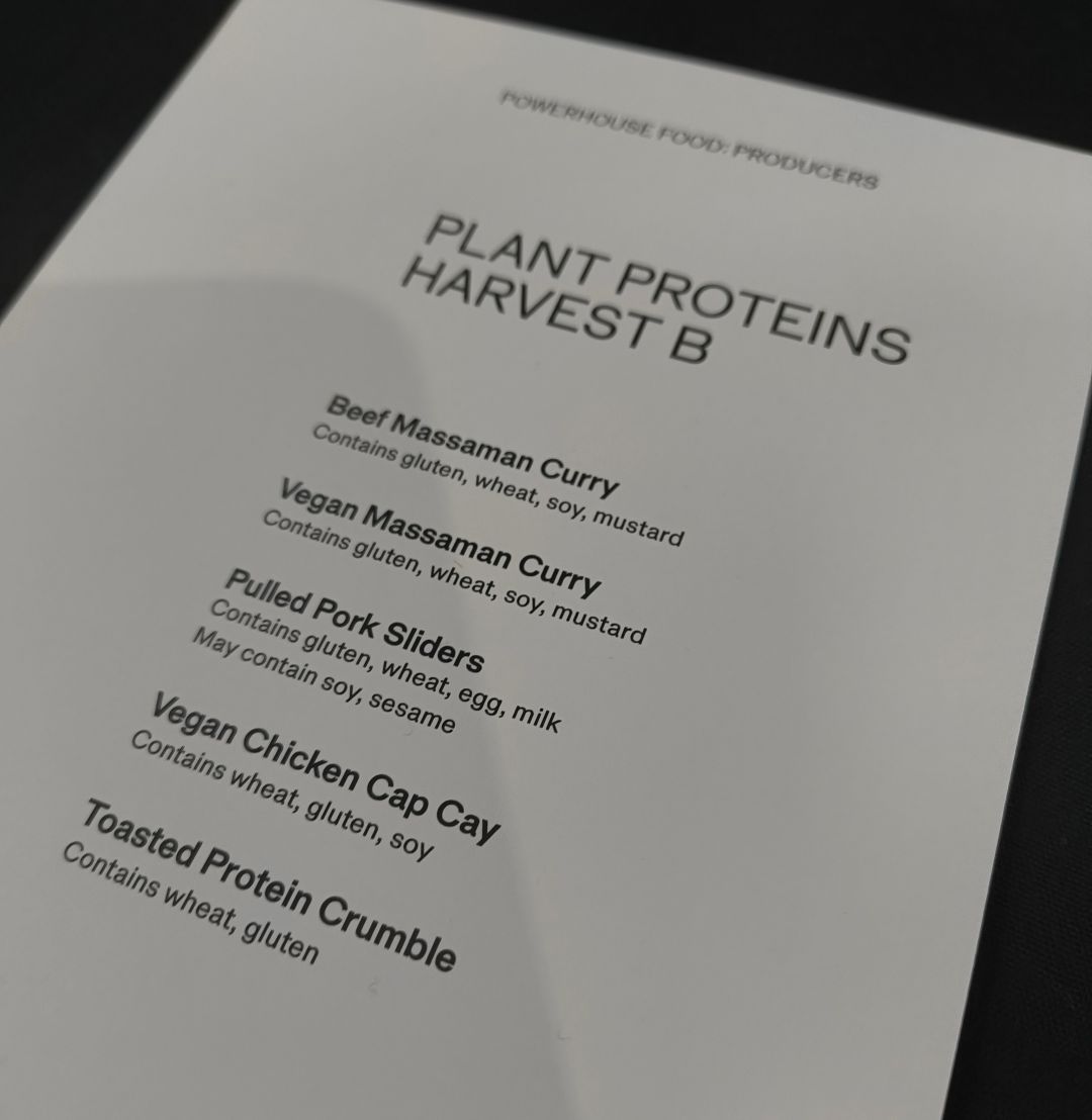 The tasting menu and allergen list for the Plant Proteins event at Harvest B. The dishes are Beef Massaman Curry, Vegan Massaman Curry, Pulled Pork Sliders, Vegan Chicken Cap Cay, Toasted Protein Crumble.