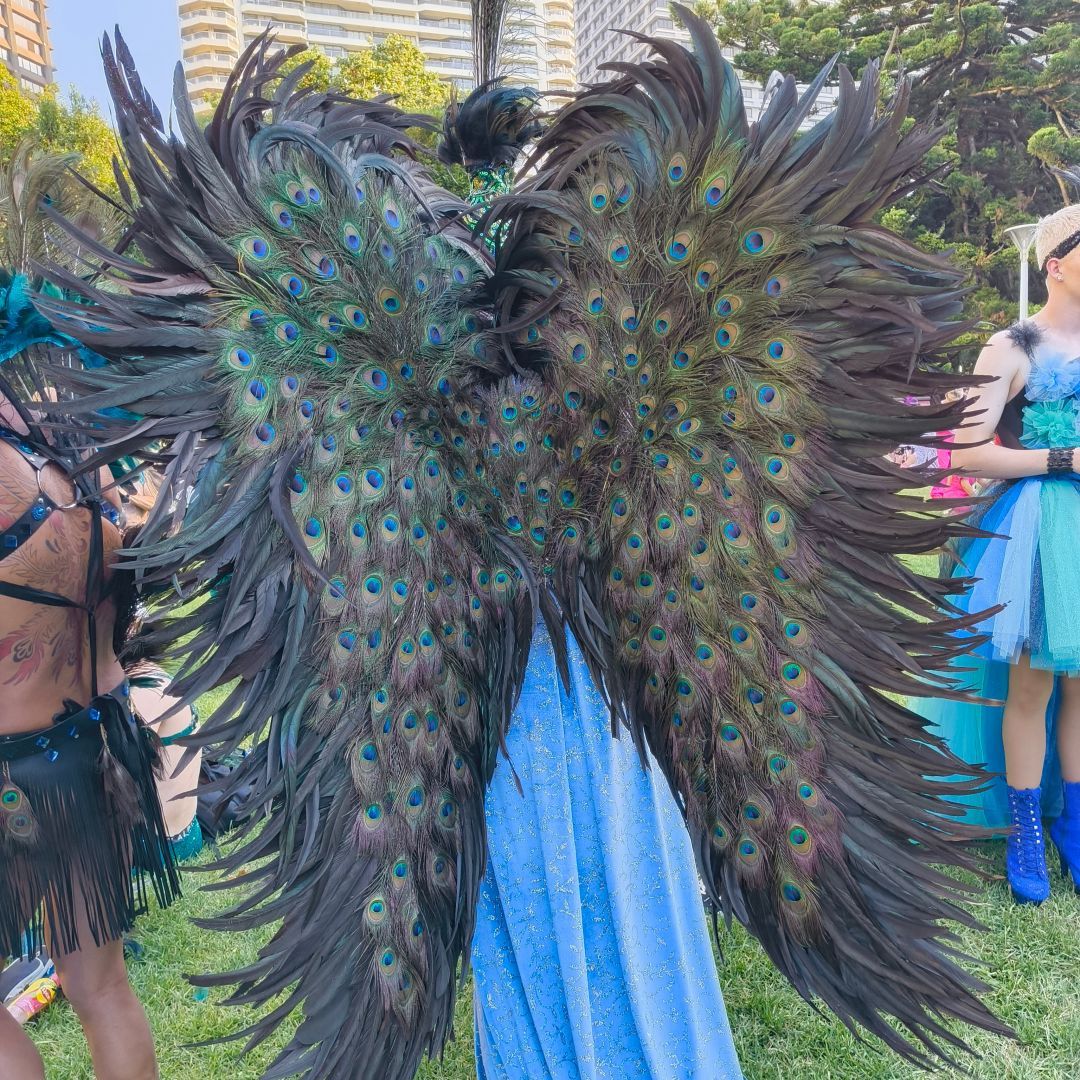 An elaborate parade marcher's costume with wings made out of peacock feathers.