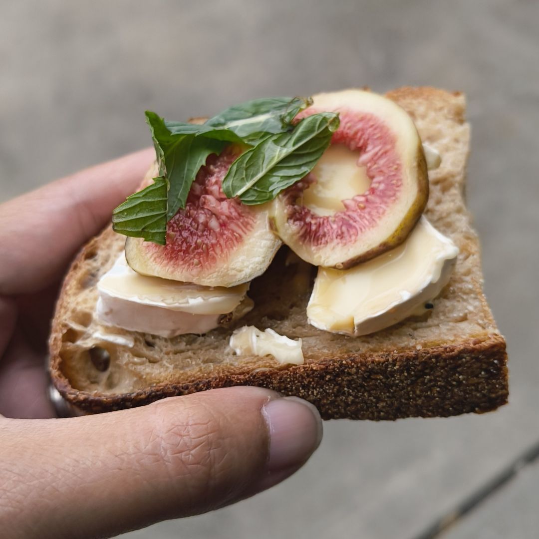 A brown-skinned hand holding a slice of sourdough bread topped with fancy soft cheese, fresh figs, mint and Mount Henry yellowbox honey.
