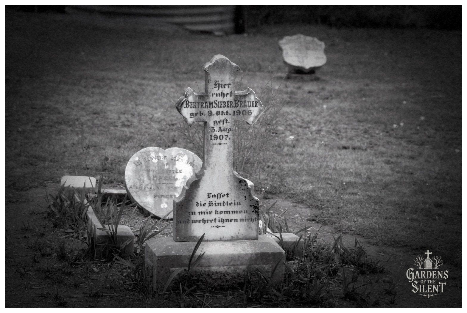 Black and white photograph of a historic German headstone in a grassy cemetery. The central monument is an upright cross made of weathered white marble on a tiered stone plinth, inscribed in German gothic script for Bertram Sieber Brauer, who lived from 1906 to 1907. Behind and to the left of the cross sits a small, heart-shaped stone marker for a child named Hazel. Low grass and weeds frame the grave plot, while the background remains softly blurred under diffused daylight. A Gardens of the Silent watermark is visible in the bottom right corner.