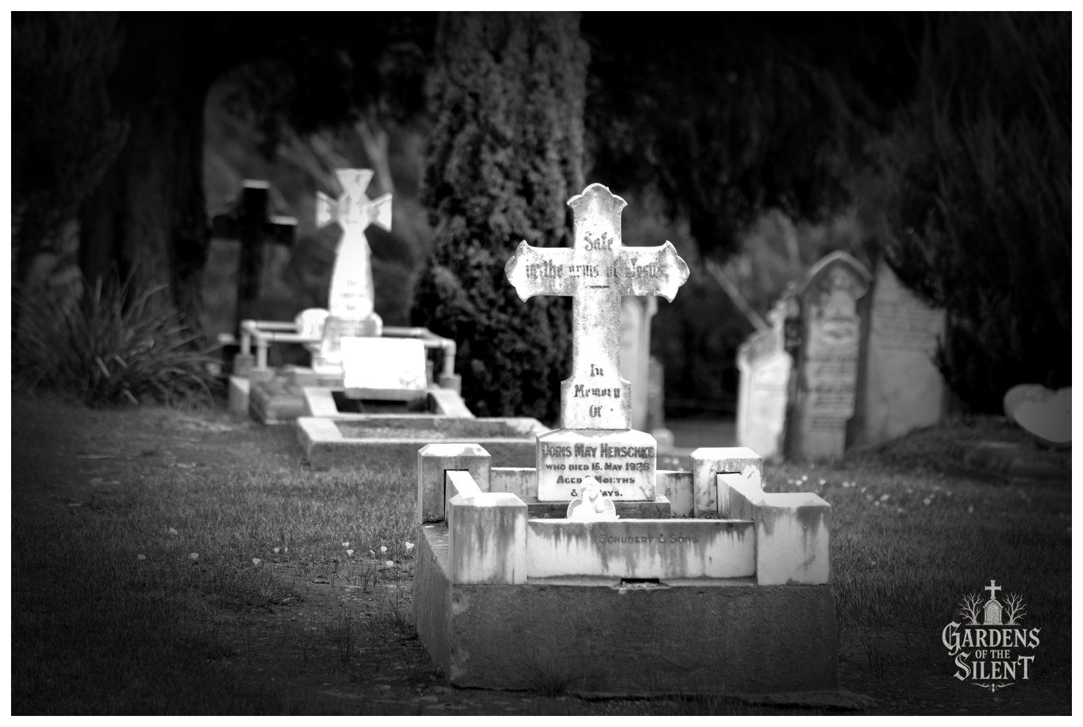 A black and white photograph highlighting a child's kerbed grave in the foreground. The central marble cross features rounded cloverleaf tips and bears the inscription Safe in the arms of Jesus, dedicated to Doris May Henschke. A small white sculpted figure sits at the foot of the cross within low stone border walls. In the soft focus background, another distinctive Celtic style cross and dark conifer trees stand along the gentle slope.