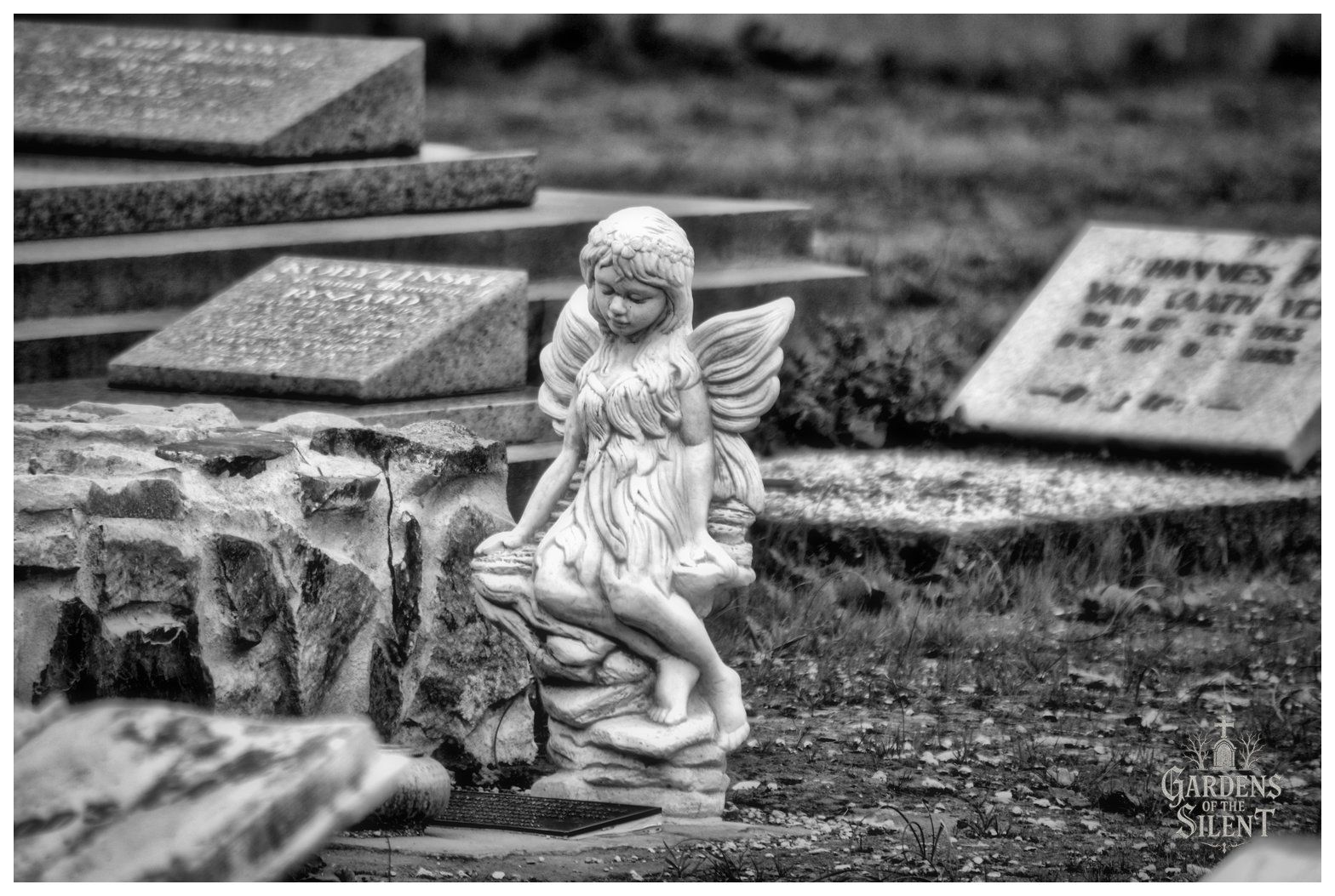 A close up black and white photograph of a small, delicate statue of a winged angel or fairy resting atop a stone garden border. The sculpted figure sits quietly with downcast eyes, gentle facial features, and detailed feathering across her wings. Surrounding the statue are modern and mid-century memorial plaques and grave markers set into grassy ground under diffused daylight.