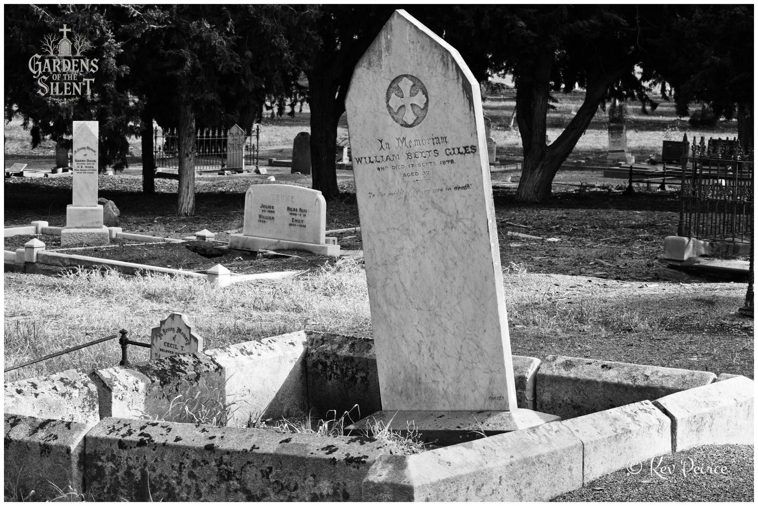 A high contrast monochrome image displaying a leaning marble headstone with a gabled top and carved cross medallion, erected in memory of William Betts Giles. The monument is enclosed by a low rectangular stone kerb filled with dry grass. In the background, dark tree trunks and scatterings of distant grave markers add depth to the composition.