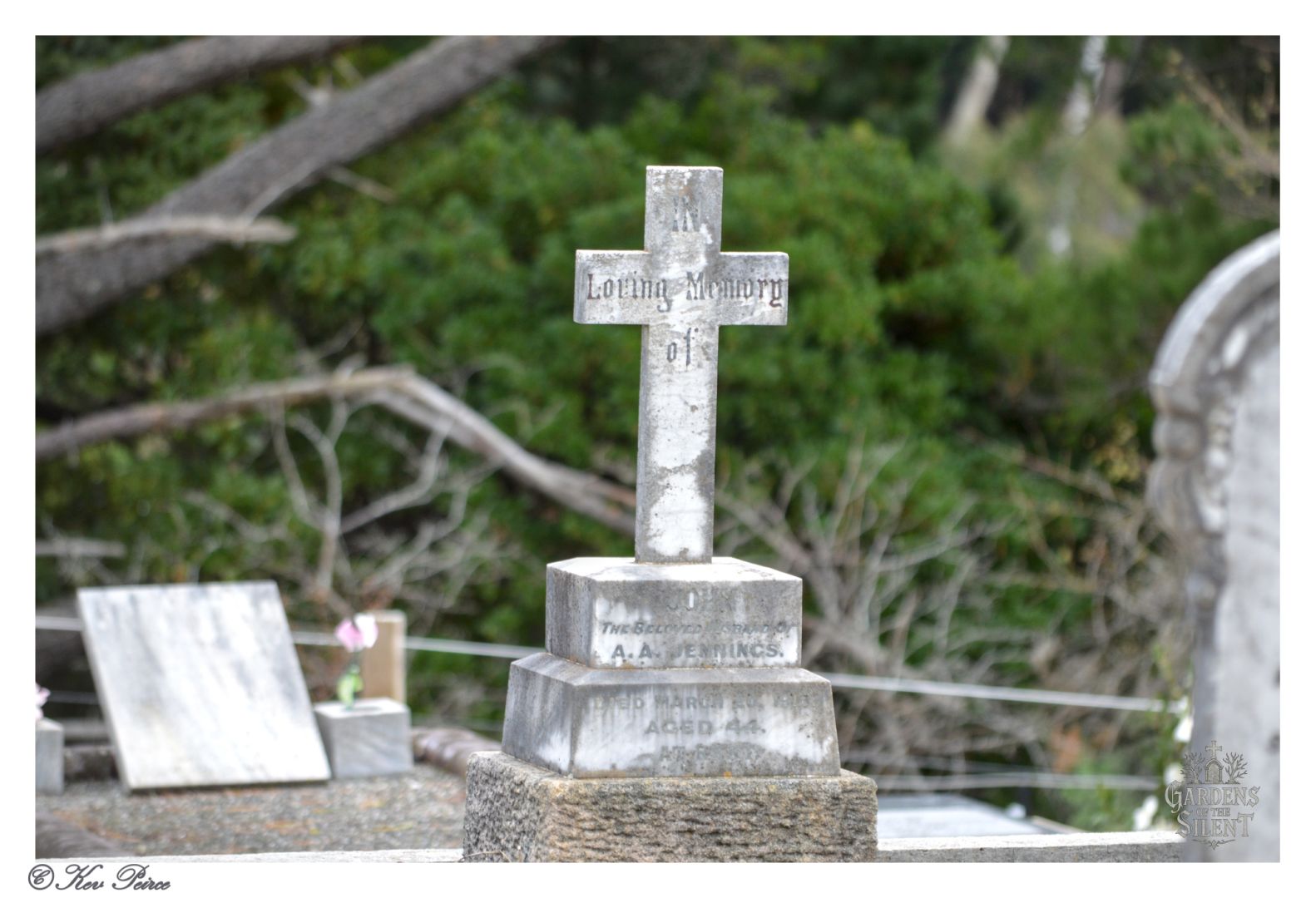 Photograph of a gravestone in Norton Summit Cemetery, South Australia, captured by Kev Peirce for Gardens of The Silent. The headstone is a stone cross mounted on a rectangular base, inscribed with “In Loving Memory Of A.A. Jennings, Died April 14th 1913, Aged 41.” The background includes other gravestones and trees, suggesting a peaceful, reflective cemetery setting. The image evokes themes of early 20th-century memorial practices, personal loss, and quiet remembrance.