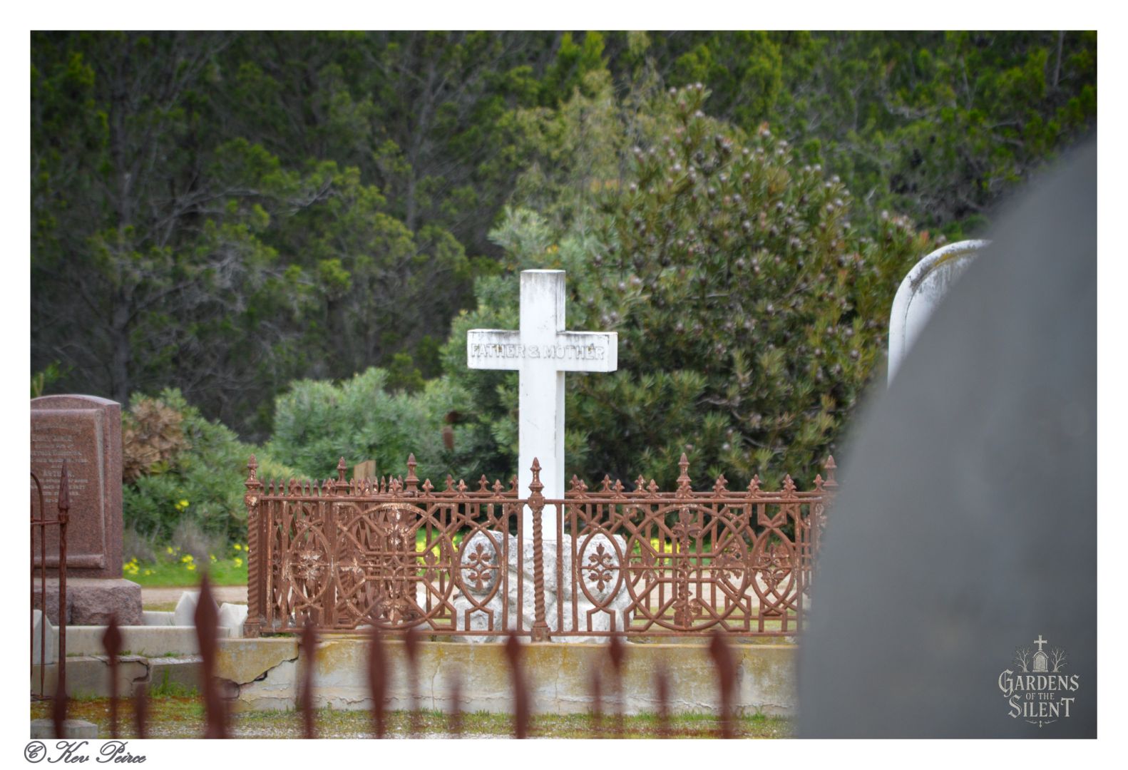A white cross-shaped gravestone stands at the center of Milang Cemetery, enclosed by an ornate rust-colored wrought iron fence.  The cross bears faint engraved text, surrounded by other gravestones nestled among dense green trees. The scene evokes quiet reverence and historical depth.  Bottom corners feature the ‘Gardens of the Silent’ watermark and a signature reading ‘© Kev Peirce.’