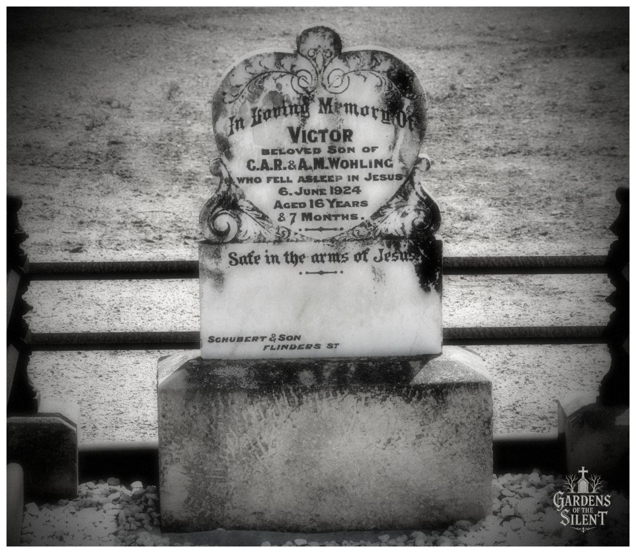 A close up black and white photograph with soft dark vignetting, focusing on an ornate, heart shaped marble headstone. The carved scrollwork surrounds an epitaph for sixteen-year old Victor Wöhling, who died in 1924, noting the stonemason Schubert and Son of Adelaide at the base. Darkened weathering patterns on the white stone contrast against the bright, gravelled cemetery ground behind the surrounding iron rail.