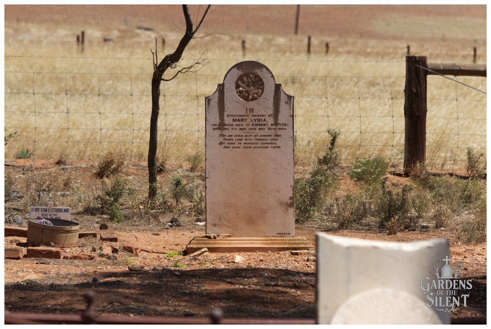 A vertical white marble headstone stands in a dry, sunlit rural cemetery, bearing the inscription for Mary Lydia Barton. In the background, a sparse wire fence stretches across golden grass under a bright sky. A weathered metal flower container sits on the reddish soil to the left, and the subtle "Gardens of the Silent" watermark appears in the bottom right corner.