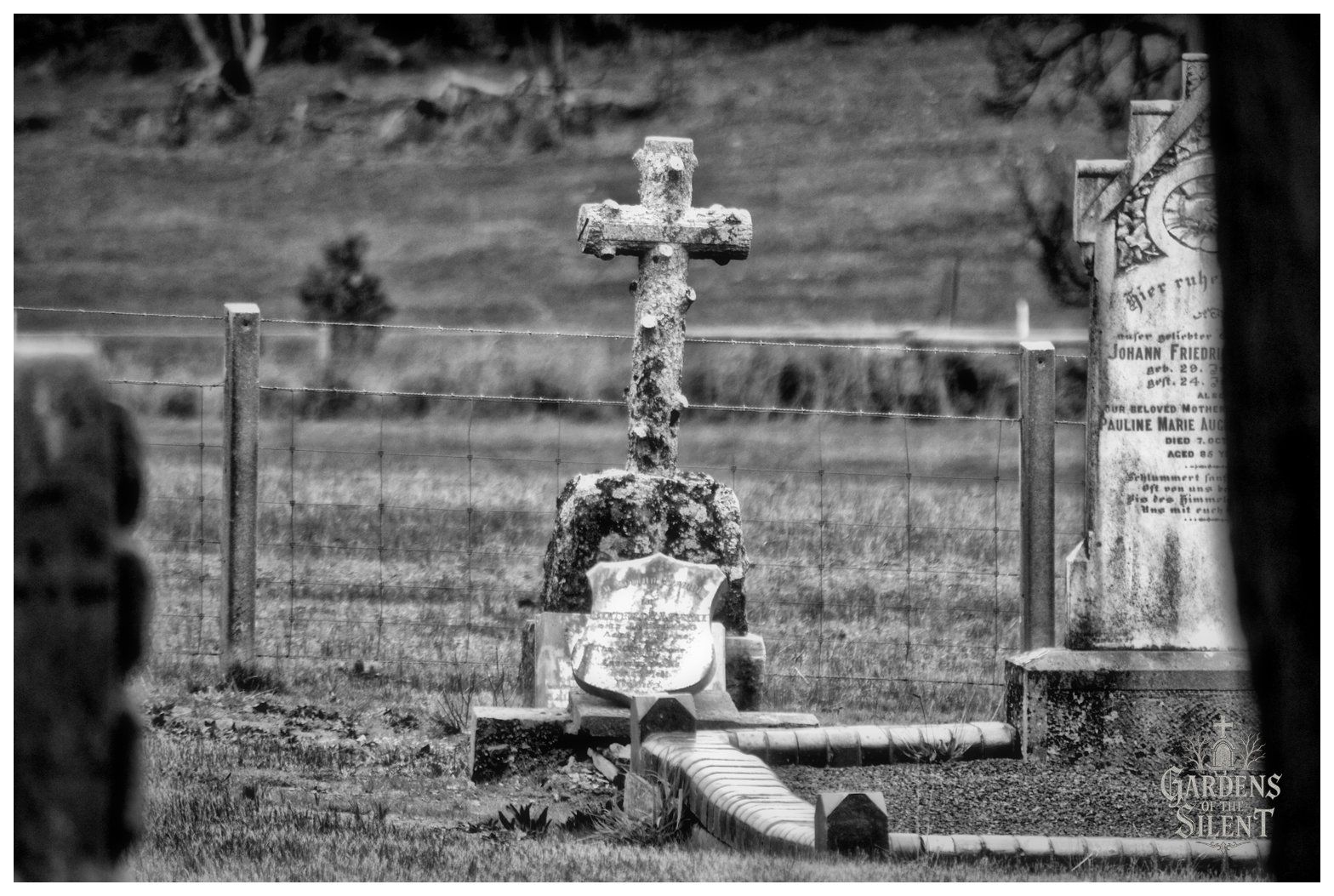 Black and white photograph focusing on a distinctive rustic cross headstone sculpted to resemble cut tree logs with knots and bark texture. The cross is covered in weathered lichen and rests on a rusticated rock plinth with a shield shaped plaque. A wire boundary fence separates the cemetery from rolling grassy hills in the background. An adjacent tall marble headstone and a dark blurred foreground element frame the composition. The Gardens of the Silent logo is in the bottom right corner.